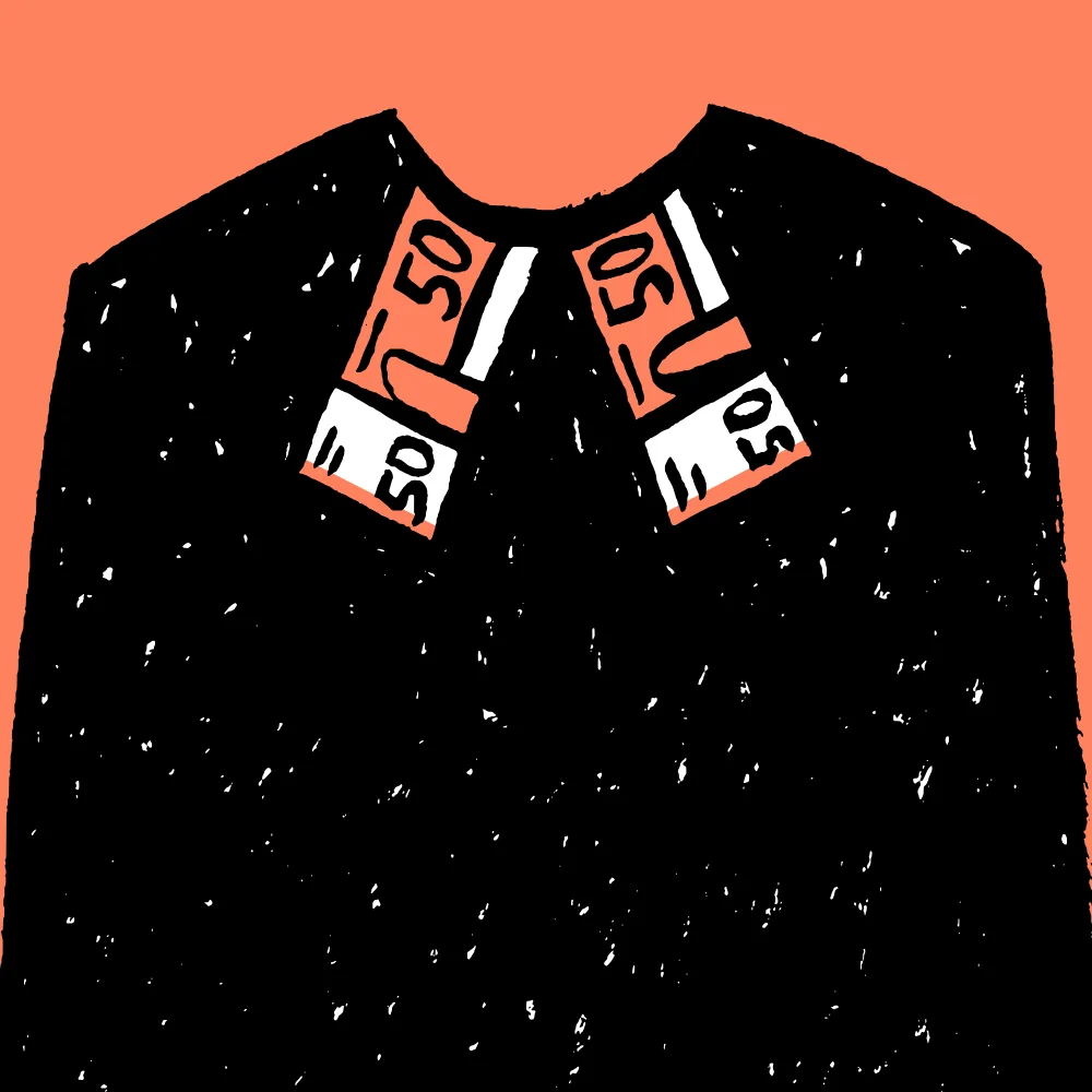 Illustration: ein schwarzer Talar, dessen Beffchen aus zwei Geldscheinen besteht